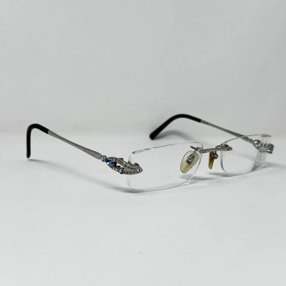 Bvlgari 2049-B 322 Rimless Eyeglass Frames Blue Crystal 51-16-135 READ
